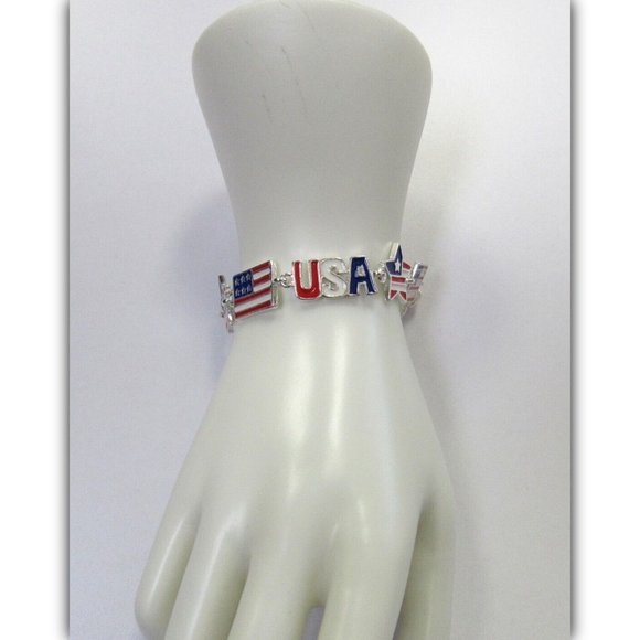 Silver Plated USA American Flag Patriotic Charm Bracelet W/ Magnetic Clasp - Picture 3 of 4